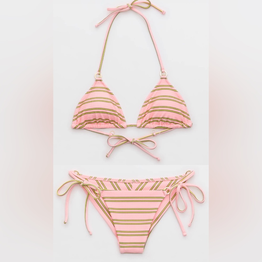 NWT Aerie FULL SET Shine Rib Triangle Top + Cheekiest Tie Bottom Preppy Pink